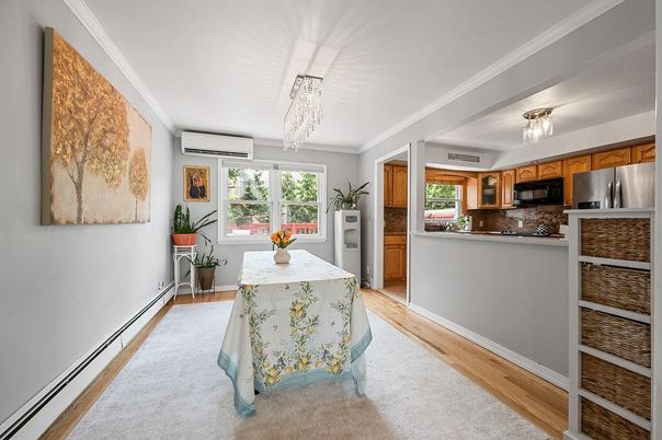 Chandelier, Interior, Kitchen, Stainless Steel Appliances, Wood Texture Flooring