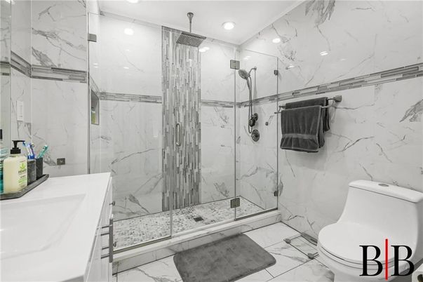 Bathroom, Glass Shower, Interior, Marble, Marble Walls, Recessed Lighting