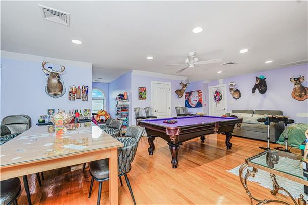 Billiard Table, Dining room, Game Room, Interior, Recessed Lighting, Wood Texture Flooring