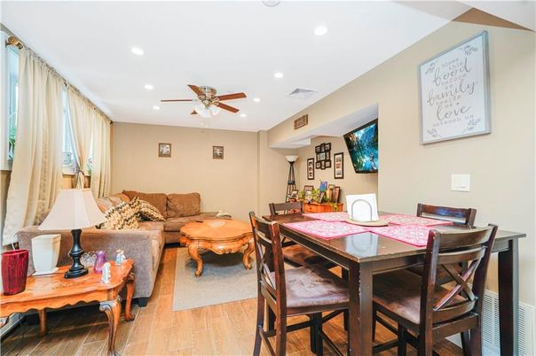 Dining room, Interior, Living room, Recessed Lighting, Wood Texture Flooring