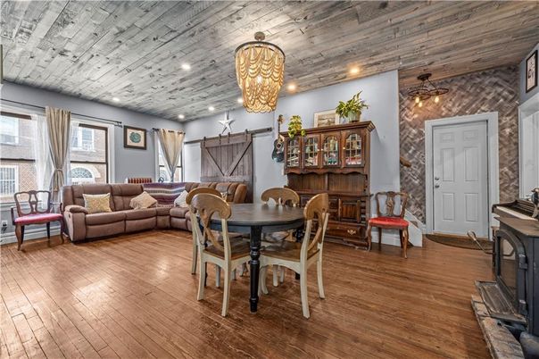 Chandelier, Dining room, Interior, Living room, Recessed Lighting, Wooden Ceilings, Wood Texture Flooring