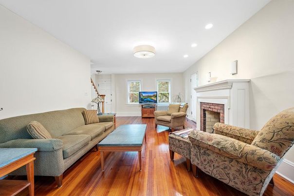 Fireplace, Interior, Living room, Recessed Lighting, Wood Texture Flooring