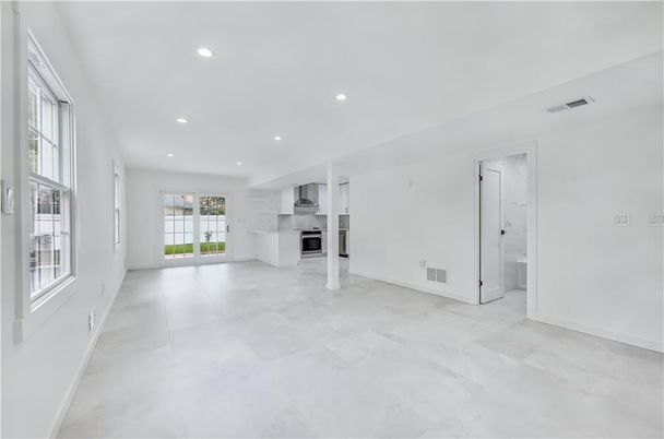 Empty room, Interior, Kitchen, Recessed Lighting, Stainless Steel Appliances
