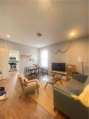 Dining room, Interior, Kitchen, Living room, Recessed Lighting, Stainless Steel Appliances, Wood Texture Flooring