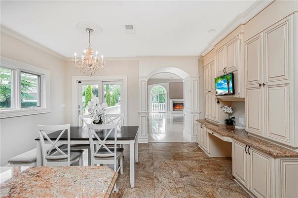 Chandelier, Dining room, Fireplace, Interior