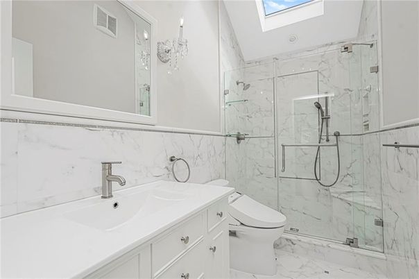 Bathroom, Glass Shower, Interior, Marble, Marble Walls, Recessed Lighting