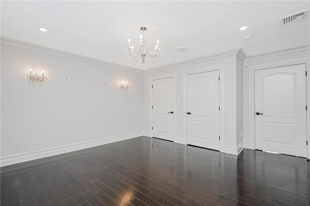 Chandelier, Empty room, Interior, Recessed Lighting, Wood Texture Flooring