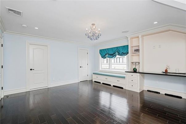 Chandelier, Empty room, Interior, Recessed Lighting, Wood Texture Flooring