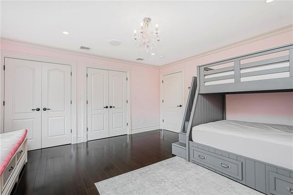 Bedroom, Chandelier, Interior, Recessed Lighting, Wood Texture Flooring