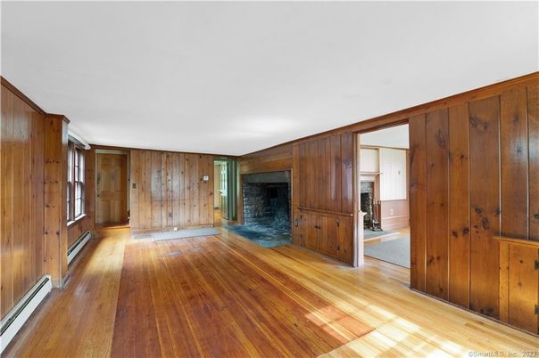 Empty room, Fireplace, Interior, Wood Texture Flooring, Wooden Walls