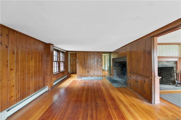 Empty room, Fireplace, Interior, Wood Texture Flooring, Wooden Walls