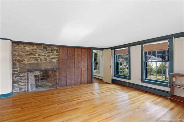 Empty room, Fireplace, Interior, Stone Walls, Wood Texture Flooring