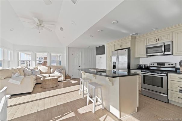 Interior, Kitchen, Living room, Recessed Lighting, Stainless Steel Appliances, Wood Texture Flooring