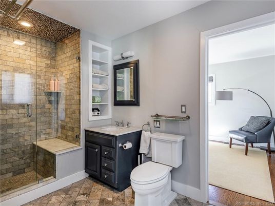 Bathroom, Glass Shower, Interior, Recessed Lighting, Stone Walls
