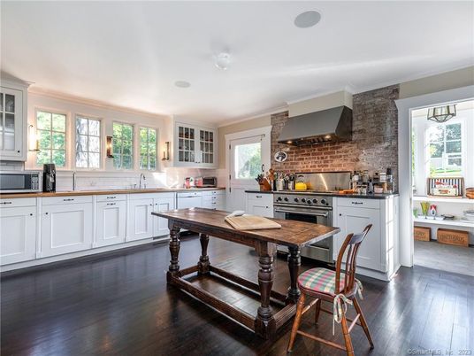 Interior, Kitchen, Stainless Steel Appliances, Stone Walls, Wood Texture Flooring