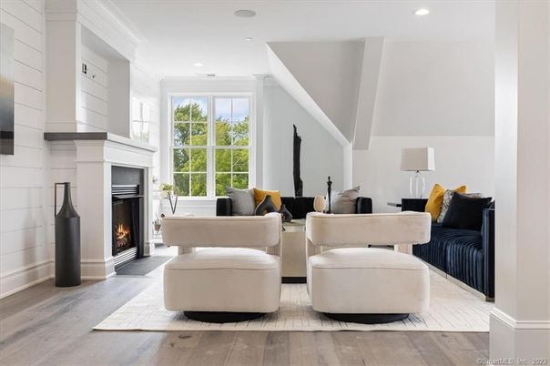 Fireplace, Interior, Living room, Recessed Lighting, Wood Texture Flooring