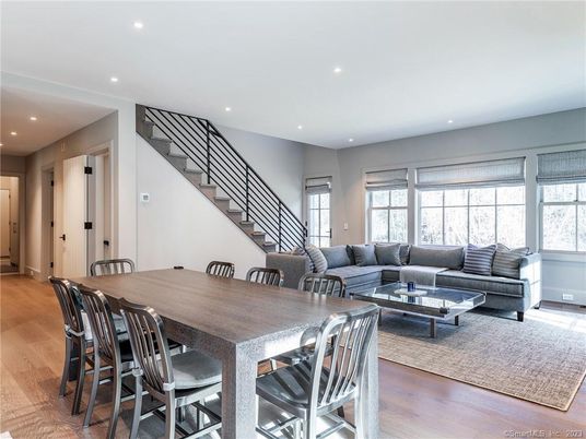 Dining room, Interior, Living room, Recessed Lighting, Wood Texture Flooring