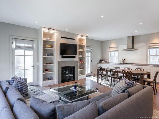 Dining room, Fireplace, Interior, Kitchen, Living room, Recessed Lighting, Wood Texture Flooring