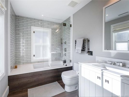 Bathroom, Glass Shower, Interior, Recessed Lighting, Wood Texture Flooring