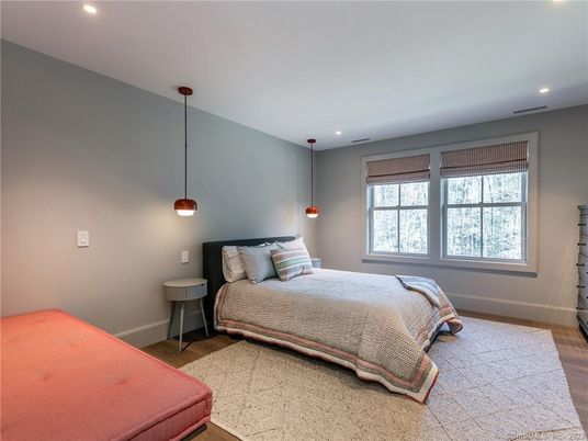 Bedroom, Interior, Pendant Lights, Recessed Lighting, Wood Texture Flooring