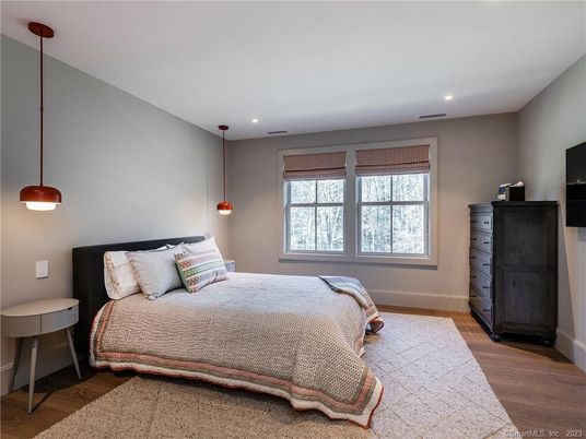 Bedroom, Interior, Pendant Lights, Recessed Lighting, Wood Texture Flooring