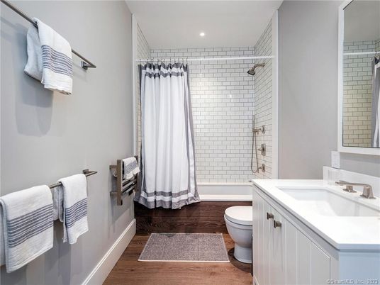 Bathroom, Glass Shower, Interior, Recessed Lighting, Wood Texture Flooring