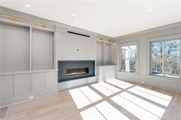 Empty room, Fireplace, Interior, Recessed Lighting, Wood Texture Flooring