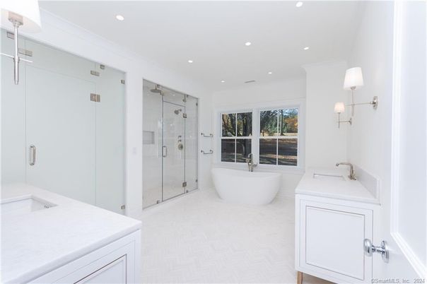 Bathroom, Free Standing Baths, Glass Shower, Interior, Recessed Lighting