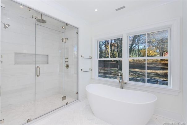 Bathroom, Free Standing Baths, Glass Shower, Interior, Marble Walls, Recessed Lighting