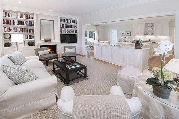 Fireplace, Interior, Kitchen, Living room, Recessed Lighting, Wood Texture Flooring