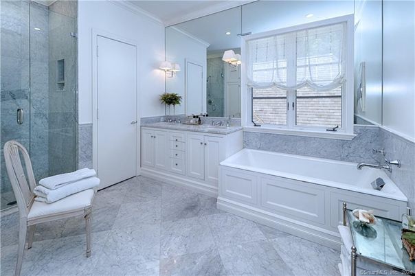 Bathroom, Dual Sink Vanities, Glass Shower, Interior, Marble, Recessed Lighting