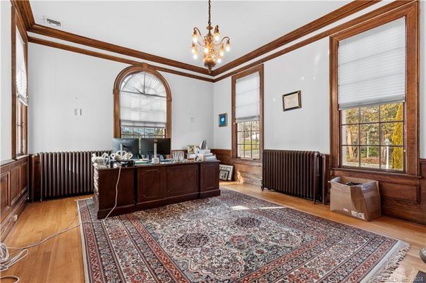 Chandelier, Home Office, Interior, Wood Texture Flooring