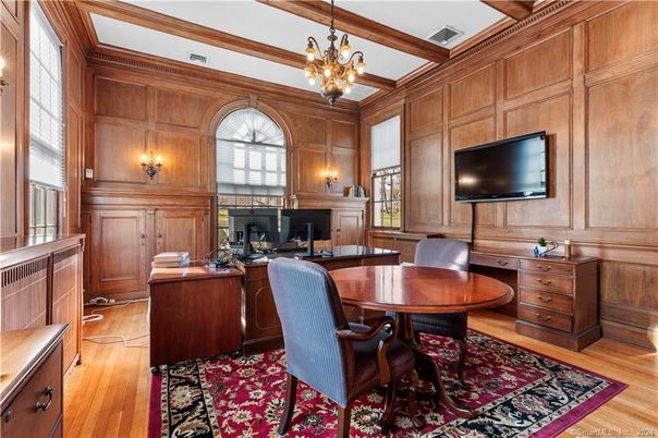 Chandelier, Fireplace, Home Office, Interior, Wooden Beams, Wood Texture Flooring, Wooden Walls