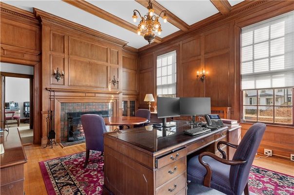 Chandelier, Fireplace, Home Office, Interior, Wooden Beams, Wood Texture Flooring, Wooden Walls