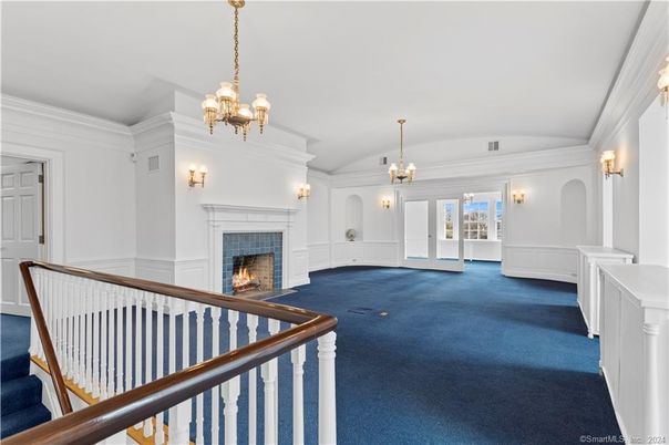 Chandelier, Fireplace, Interior