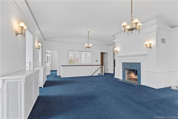 Chandelier, Empty room, Fireplace, Interior