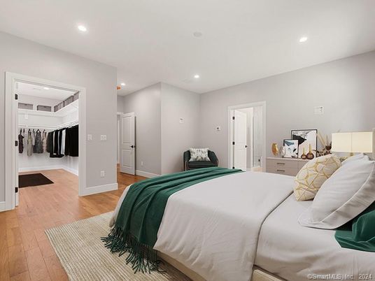 Bedroom, Interior, Recessed Lighting, Wood Texture Flooring