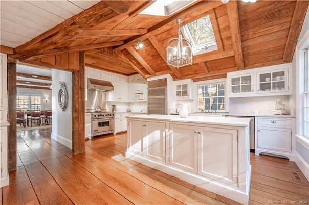 Interior, Kitchen, Pendant Lights, Stainless Steel Appliances, Wooden Beams, Wooden Ceilings, Wood Texture Flooring