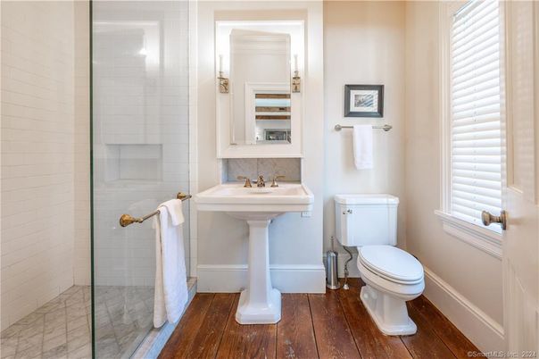 Bathroom, Glass Shower, Interior, Wood Texture Flooring