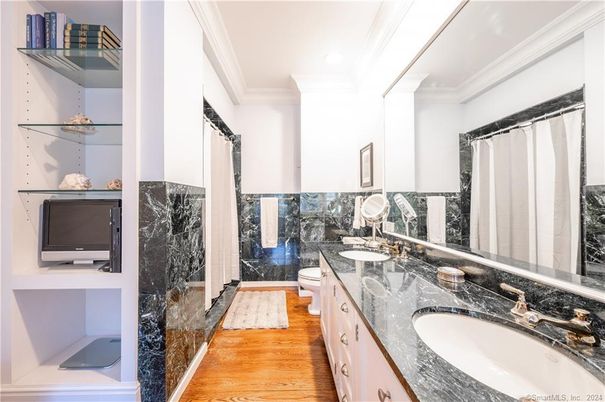 Bathroom, Dual Sink Vanities, Interior, Recessed Lighting, Wood Texture Flooring