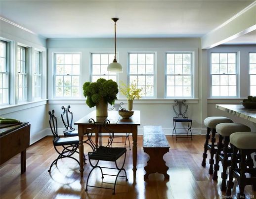 Dining room, Interior, Pendant Lights, Wood Texture Flooring