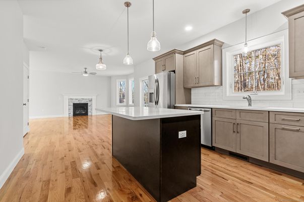 Fireplace, Interior, Kitchen, Pendant Lights, Recessed Lighting, Wood Texture Flooring
