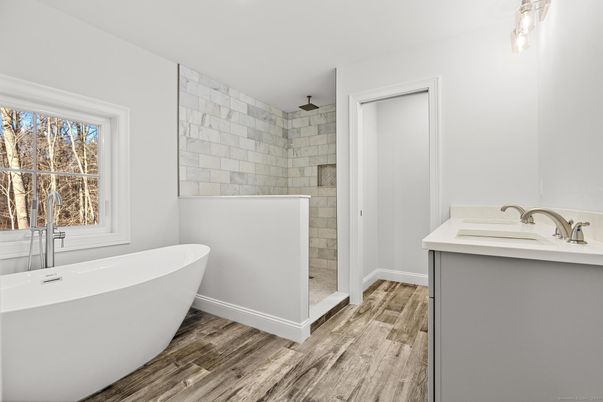 Bathroom, Free Standing Baths, Interior, Stone Walls, Wood Texture Flooring