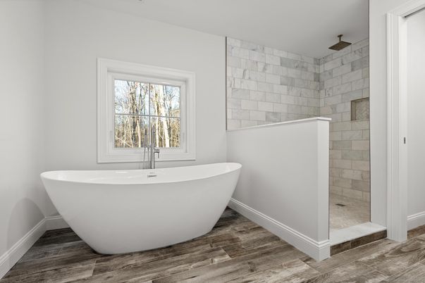 Bathroom, Free Standing Baths, Interior, Stone Walls, Wood Texture Flooring