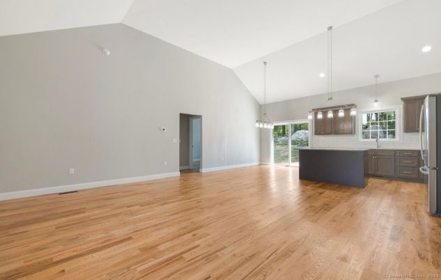Empty room, Interior, Kitchen, Pendant Lights, Recessed Lighting, Wood Texture Flooring