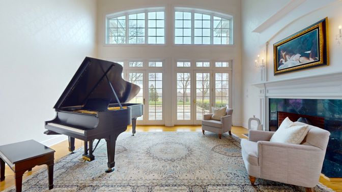 Fireplace, Interior, Living room, Piano, Wood Texture Flooring