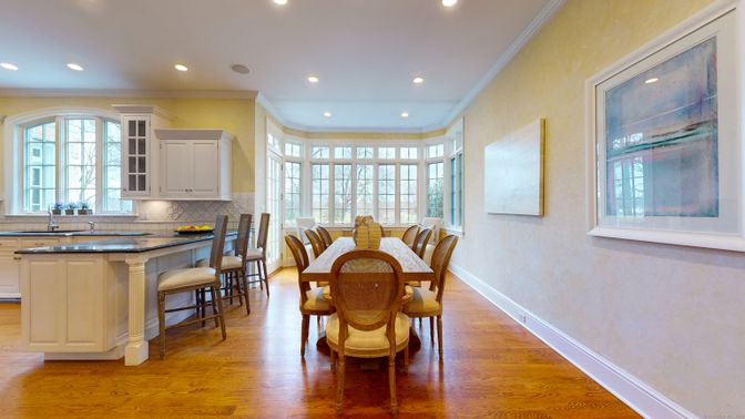 Dining room, Interior, Recessed Lighting, Wood Texture Flooring