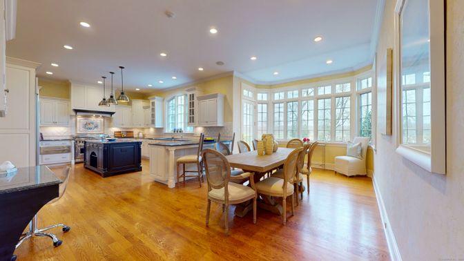 Dining room, Interior, Kitchen, Pendant Lights, Recessed Lighting, Stainless Steel Appliances, Wood Texture Flooring