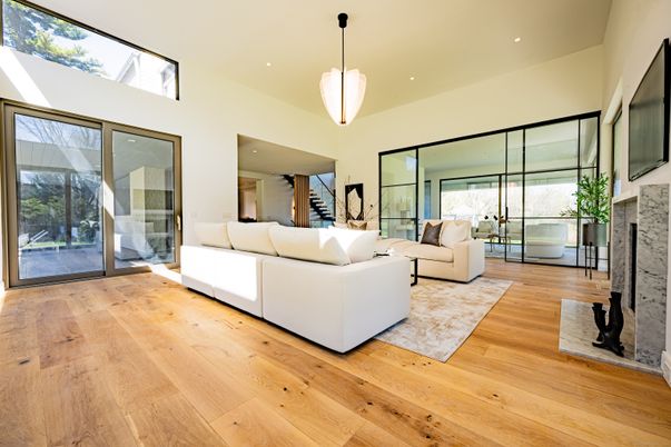 Fireplace, Interior, Living room, Pendant Lights, Recessed Lighting, Wood Texture Flooring