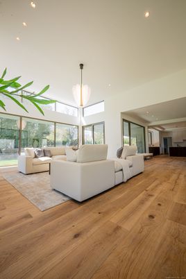 Interior, Living room, Pendant Lights, Recessed Lighting, Wood Texture Flooring